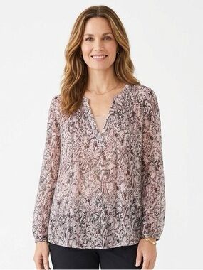 J. Jill 100% Silk Sheer Paisley V-Neck Blouse in Pink and Black
